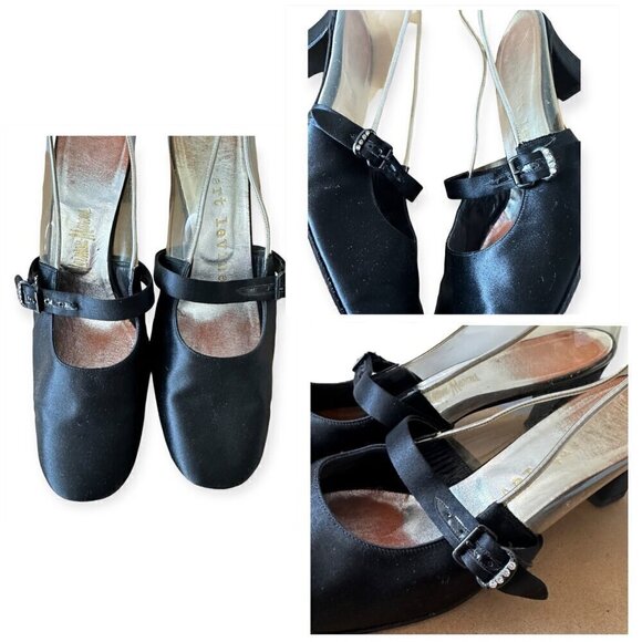 Vintage 60s Herbert Levine Mod Black Satin Clear‎ Vinyl Pumps, Size 7.5 AA - Picture 12 of 14